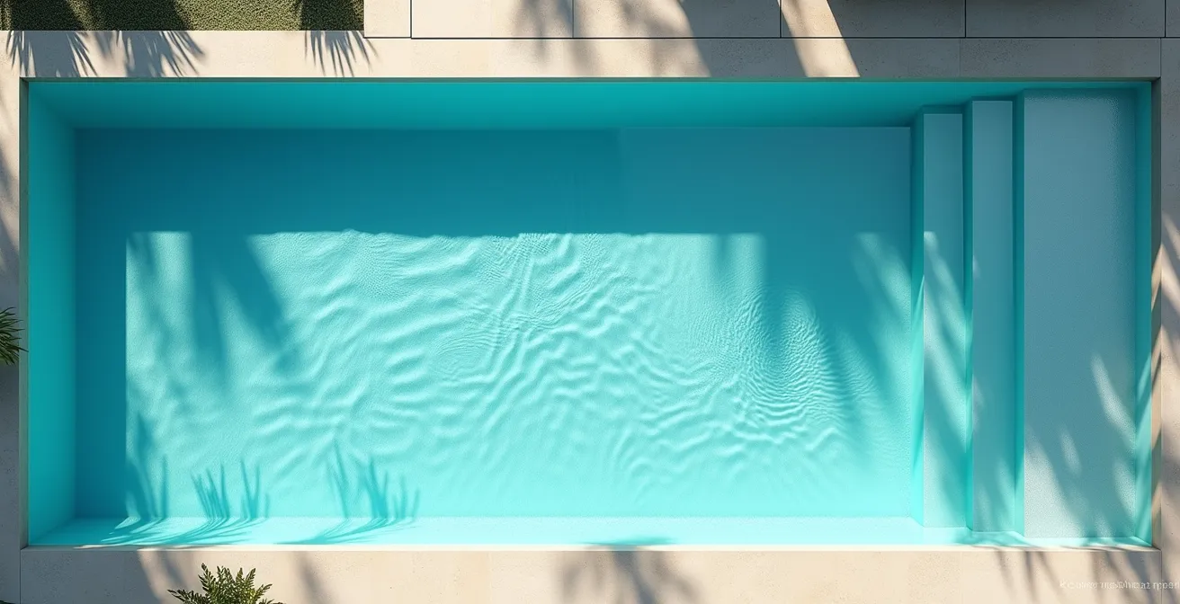 Vue aérienne minimaliste d'une piscine avec ombres géométriques créant des motifs abstraits