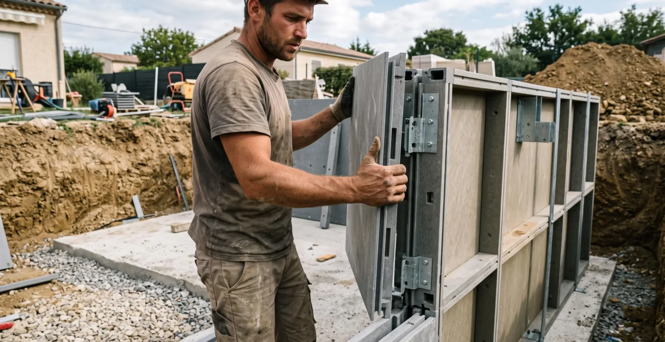 Ouvrier assemblant les panneaux modulaires d'une piscine en kit dans une excavation préparée