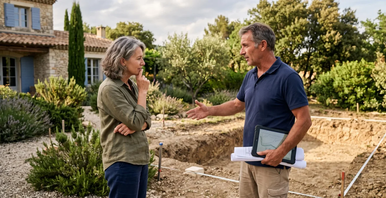 Pisciniste professionnel consultant un client sur un projet de piscine en extérieur dans le Vaucluse
