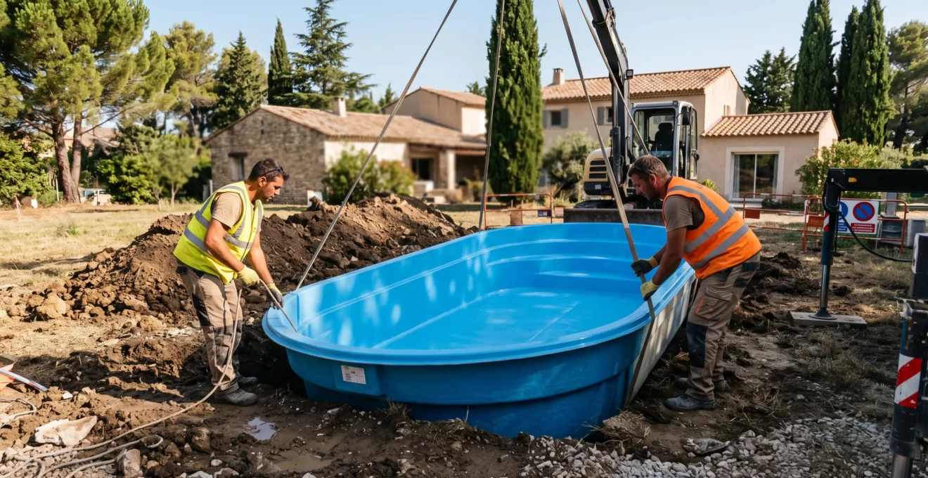 Installation d'une piscine coque polyester dans un jardin résidentiel du Vaucluse par des ouvriers professionnels