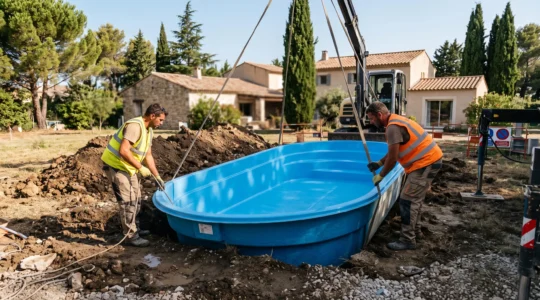 Installation d'une piscine coque polyester dans un jardin résidentiel du Vaucluse par des ouvriers professionnels